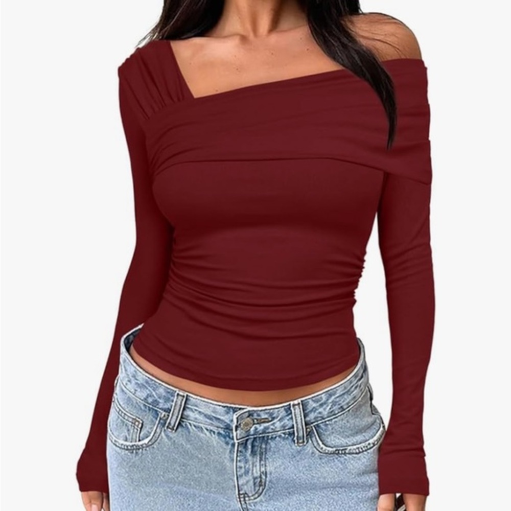 NWT Wine red Darong Women's One Off Shoulder Long Sleeve Tops Ruched